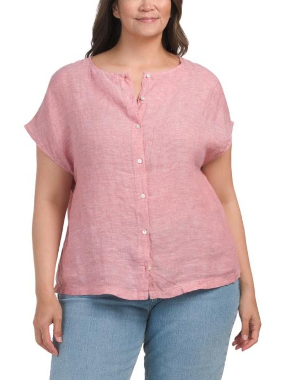 JONES & CO JONES NEW YORK Plus Linen Dolman Button Back Tee